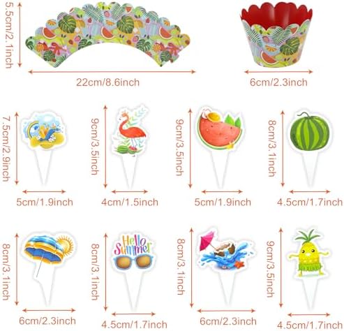 48 PCS Hawaiian Luau Cake Cupcake Toppers Wrappers, Luau Tropical Hawaiian Cupcake Toppers with Flamingo Flower Fruit Shape for Summer Beach Pool Birthday Party Supplies