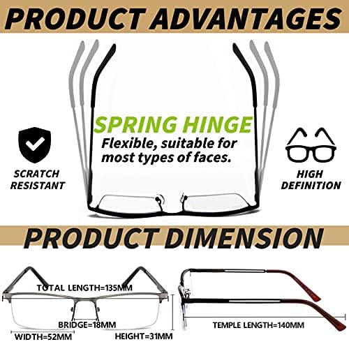 JJWELL 3 Pack Reading Glasses for Men Blue Light Blocking, Lightweight Metal Rectangle Semi Rimless Readers for Men, Anti Eyestrain/UV, Half Frame Spring Hinge Eyeglasses with Pouches 175