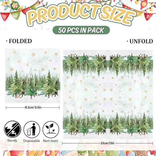 Whaline 50Pcs Christmas Winter Paper Napkins Xmas Tree Snowflake Luncheon Napkin Forest Pine Tree Disposable Dinner Dessert Napkins for Holiday Party Supplies Table Decor