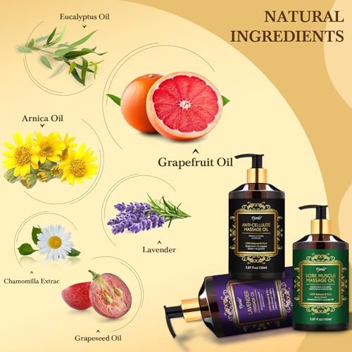 Pjordo 3 Pack Massage Oil for Massage Therapy, Lavender Oil for Relaxation, Sore Muscle Arnica Oil & Cellulite Massage Oil, with Massage Roller Ball & Thumb Saver Tool, Mothers Day Gifts for Wife