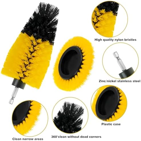 8 Pcs Drill Brush Attachment Set, Power Cleaning Scrub Brush Kit with Extend Long Attachment, All Purpose Drill Scrub Brushes for Car, Grout, Floor, Tub, Bathroom and Kitchen (Yellow)