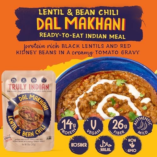 Truly Indian 6-Pack Spiced Lentil & Bean Chili (Dal Makhani) Authentic Traditional Ready to Eat Indian food 10oz - Made Fresh With Locally Grown Ingredients, Vegan, Microwaveable Meal