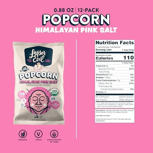 LesserEvil Himalayan Pink Salt Organic Popcorn, No Artificial Ingredients, Coconut Oil, Pack of 12, 0.88 oz Bags