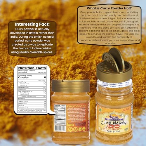 Rani Curry Powder Hot (11-Spice Authentic Indian Blend) 3oz (85g) PET Jar ~ All Natural | Salt-Free | Vegan | No Colors | Gluten Friendly | NON-GMO | Kosher | Indian Origin