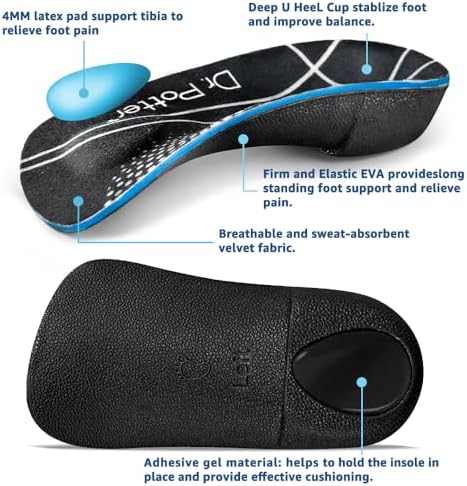 3/4 Plantar Fasciitis Insoles, High Arch Support Inserts for Flat Feet, Over-Pronation and Foot Pain, Metatarsal Support Insoles for Metatarsalgia (Small(Men's 5-6, Women's 6-7))