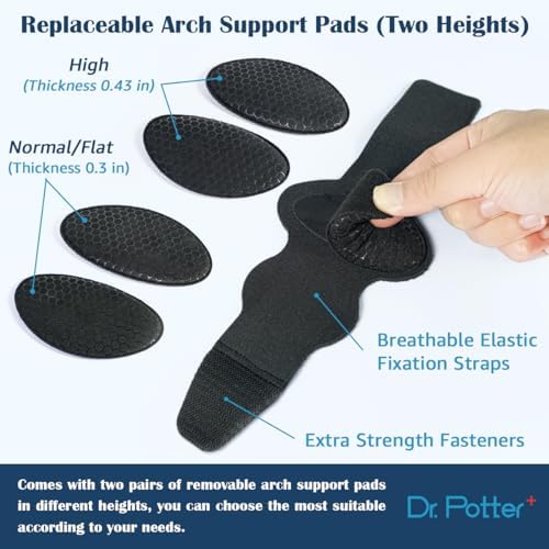 DR. POTTER+ Arch Support Sleeves for Plantar Fasciitis Relief, Adjustable Compression Bands with Removable Arch Support Pads for Fallen Arches, High Arch, Flat Feet, Feet Pain Relief - Black