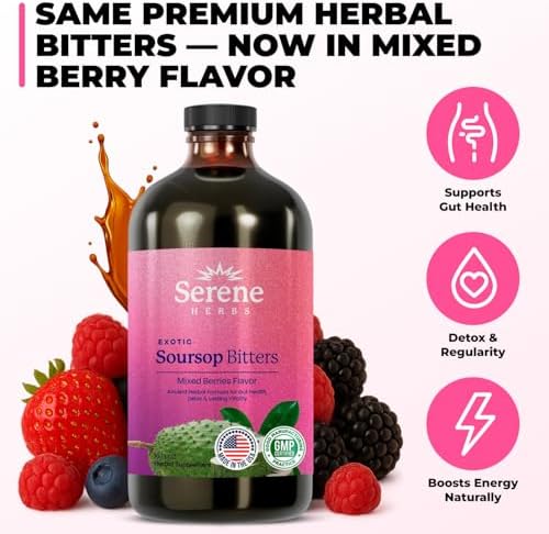 Serene Herbs Soursop Bitters Liquid with Soursop Leaves for Gut Cleanse, Detox & Immune Boost with Black Seed, Moringa, Irish Moss, Ashwaganda, Turmeric, 16 fl oz (16 Fl Oz (Pack of 1), Mixed Berry)