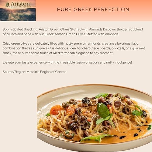 Ariston “The Very Best” Greek Gourmet Olives | Premium Handpicked | Rich in Polyphenols, Oleic Acid & Vitamin E | Natural Antioxidants | Green Olives stuffed with Almonds