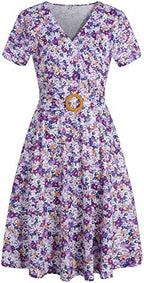 Women's Elegant Criss-Cross V Neck Vintage Short Sleeve Work Casual Fit and Flare Tea Dress with Pockets 980