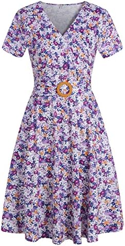 Women's Elegant Criss-Cross V Neck Vintage Short Sleeve Work Casual Fit and Flare Tea Dress with Pockets 980