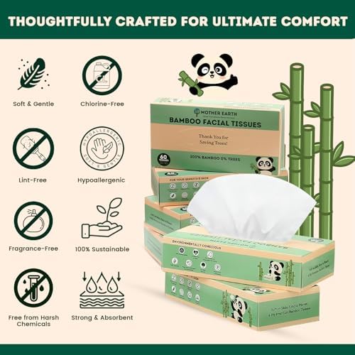 MOTHER EARTH Bamboo Facial Tissue Paper - 4 Ply Tissue Flat Box, Lint-Free, Hypoallergenic, Septic-Safe, Unscented, 60 Sheets per Box, 6 Pack, Total 360 Tissues