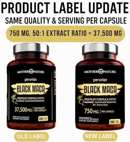 Black Maca Root 50:1 750mg – 180 Capsules Organic Peruvian Maca Peruana Supplement for Men | High Potency Energy, Mood & Performance Support | Vegan, Non-GMO