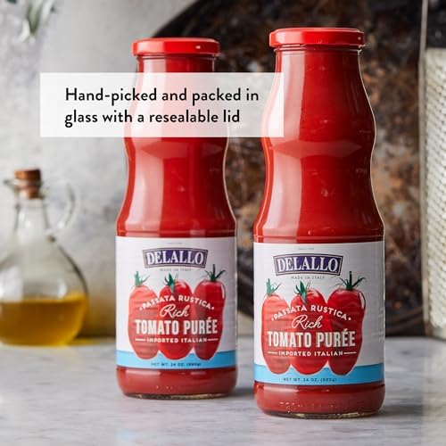DeLallo Tomato Passata, Rich Rustic Puree, Made in Italy, All Natural, Gluten Free, Kosher, Made with Italian Plum Tomatoes, Tomato Sauce for Pasta, Soups, and Stews, 24 oz. Jar, (3 Pack)