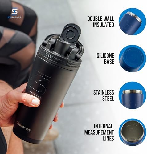 Ice Shaker Insulated Stainless Steel Shaker Bottle | 26oz, Navy | Cold for 30+ Hours | Insulated Cup with Twist-on Agitator | Odor-Free Bottle for Protein Shakes, Water, Smoothies, Cocktails