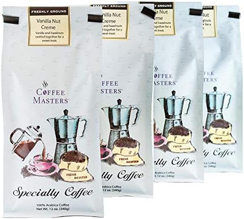 Coffee Masters Flavored Coffee, Vanilla Nut Creme Ground, 12-Ounce Valve Bag, (Pack of 4)