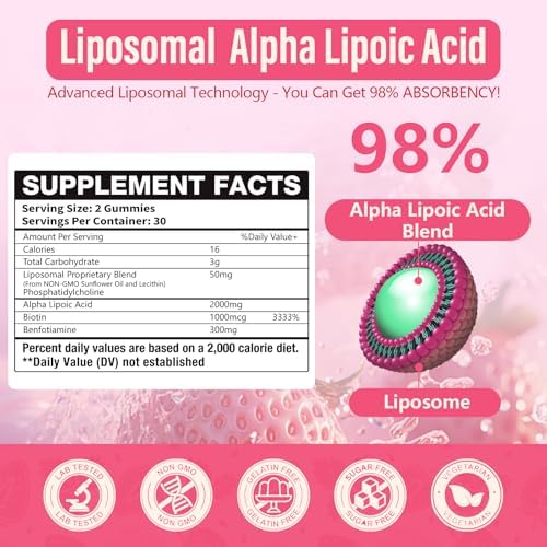 2 Pack Liposomal Alpha Lipoic Acid Gummies 2000mg Gummies,High Potency ALA Complex Biotin & Benfotiamine for Antioxidant, Brain Health and Nerve* Support,Liposomal Enhance 98% Absorption