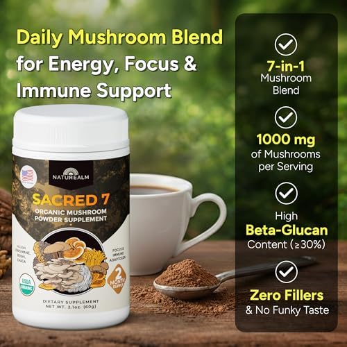 Naturealm Sacred 7 Organic Mushroom Powder Supplement | 60-Day Supply | 7-in-1 Blend with Lions Mane, Reishi, Chaga | Brain & Immune Support | 100% Fruiting Bodies for Coffee & Smoothies