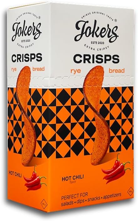 Jokers Rye Crisps Hot Chili Flavor - 12 Boxes x 90g - Crunchy Spicy Snack for Dips, Soups & Salads - Party Snack & Appetizer - Oven Roasted European Rye Chips