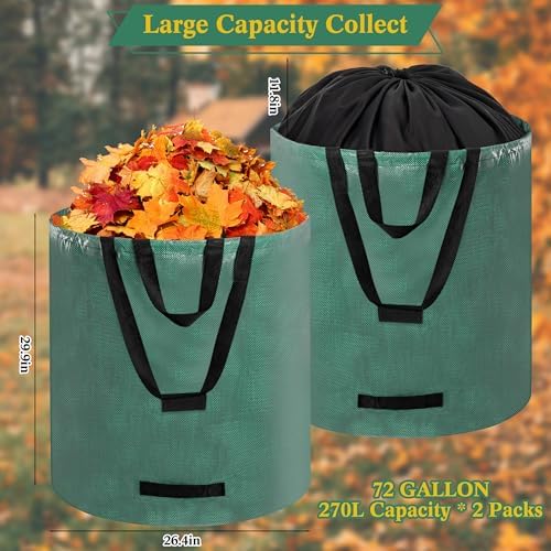 Reusable Yard Waste Bags, 2 Pack 72 Gallon Heavy Duty Lawn Leaf Garden Bag with Extension Layer, Handle & Shoulder Strap, Foldable Leaf Bags for Leaves Lawn Trash