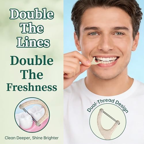 Biodegradable Dental Floss Picks for Teeth, 200ct Organic Natural Bamboo Charcoal Double Thread Floss Sticks, Flossers for Adults, Vegan Wheat Straw Flossers, Eco Friendly Teeth Cleaning, Mint