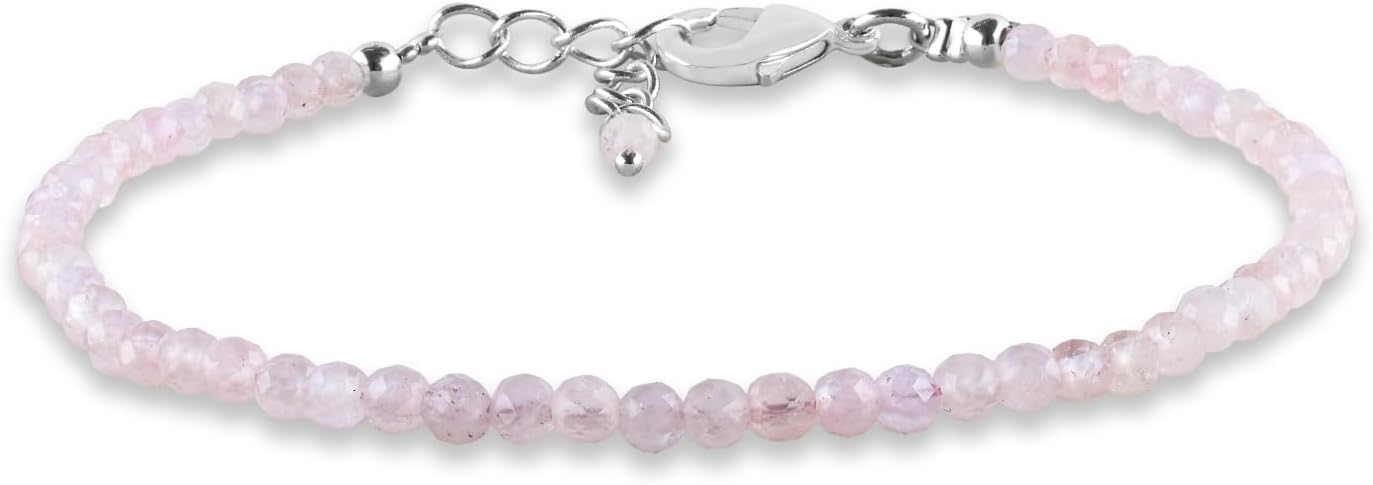 YANARA Natural Gemstone Micro Beads Dainty Simple Bracelet Jewelry for her Birthstone, Energy Crystals, Silver Plated Chain 8 inch Thoughtful Gifts For Her