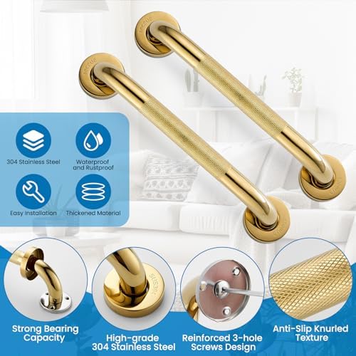 Grab Bars for Shower, Zynuhmo 2 Pack 12 Inch Anti Slip Stainless Steel Bathroom Safety Shower Grab Bar Handrails for Handicap Injury Pregnant Senior Assist Shower Handles(Titanium Gold, 1" Diameter)