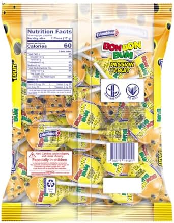 Colombina Bon Bon Bum Passion Fruit Lollipops, Tropical Fruit Hard Candy, Individually Wrapped Candy Pops for Parties, Candy Bowl Refill, Office or Classroom Rewards, 24 Count