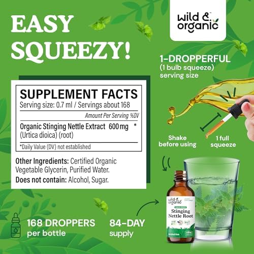 Wild & Organic Stinging Nettle Root Extract Drops - Urinary Support - Stinging Nettle Tincture for Men & Women - Add to Tea - Liquid Urtica Dioica Supplement - Vegan, Sugar & Alcohol-Free - 4 fl oz