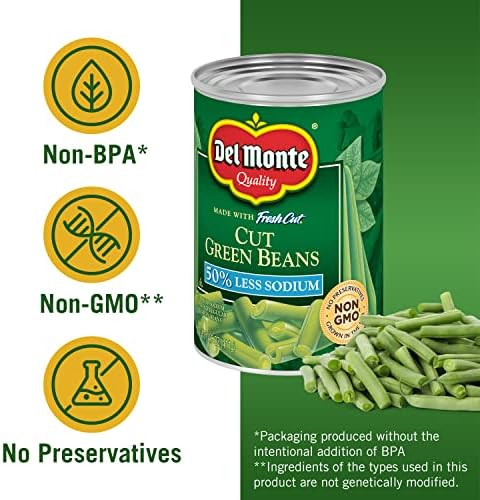DEL MONTE FRESH CUT BLUE LAKE 50% Reduced Sodium Cut Green Beans, Canned Vegetables, 12 Pack, 14.5 oz Can