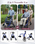 Walkers for Seniors with Seat, Extra Wide 2 in 1 Rollator Walker & Transport Chair with Reversible Backrest & Detachable Footrests, Foldable Wheelchair Combo with 8" Anti-Slip PU Wheels, Blue