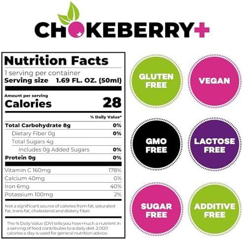 Chokeberry + Raw Aronia Juice - Rich in Antioxidant & 100% Organic Aronia Berry Juice Concentrate - Vegan, Gluten-Free, & No Sugar Added - First-Press Mother Juice - 12 x 50ml Shots