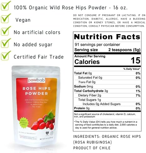 powbab Rose Hips Powder from 100% Wild Organic Rosehip. Premium Rosa Rubiginosa. Seedless Ground Rosehips from Whole Dried Rose Hips. No Added Sugar. Antioxidants. Fair Trade (16 oz)