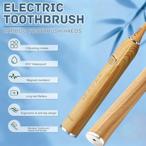 Bamboo Electric Toothbrush with 4 Charcoal Infused Bamboo Brush Heads, 5 Modes, Sonic Technology, 38,000 VPM, 80-Day Battery Life, IPX7 Waterproof, Smart Timer for Adults