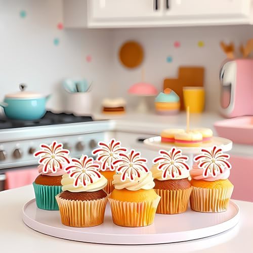 50 PCS Edible Firework Cupcake Toppers Happy Birthday Cake Toppers Wafer Paper Fireworks Birthday Party Decorations for Wedding Graduation Valentine's Day Party Cake Decorations Supplies Red