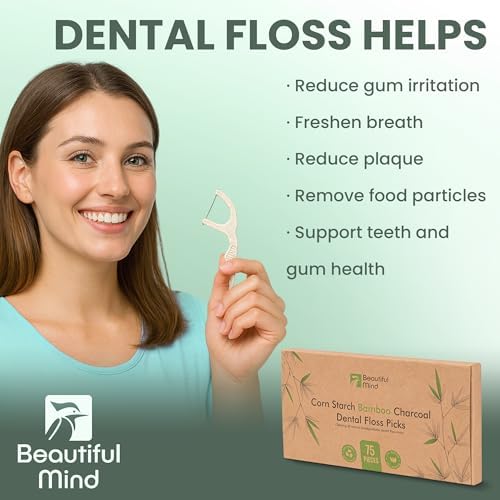 Natural Dental Floss Picks 75 Pack – Organic Biodegradable Floss Sticks with Strong Bamboo Charcoal Thread & Vegan Cornstarch Handle – No Plastics, No Artificial Flavours - Kraft Paper Box