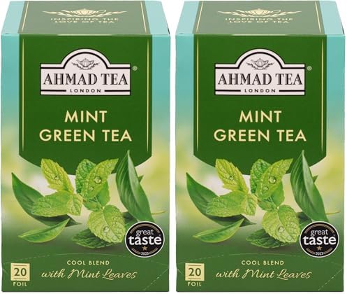 Ahmad Tea Mint Green Tea, Foil Wrapped Teabags, 20 ct (Pack of 2) - Caffeinated & Sugar-Free