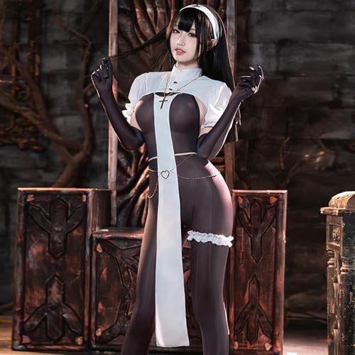 sexy nun outfit for women costume lingerie Cosplay Dress Naughty Girls Mother Prayers Roleplay Sister High Slit Gothic Uniform For Halloween Party Bodysuit Headpiece set white black