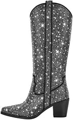 Richealnana Women's Rhinestones Slip On Block Chunky Heel Crystals Mid Calf Boots