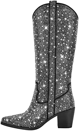 Richealnana Women's Rhinestones Slip On Block Chunky Heel Crystals Mid Calf Boots