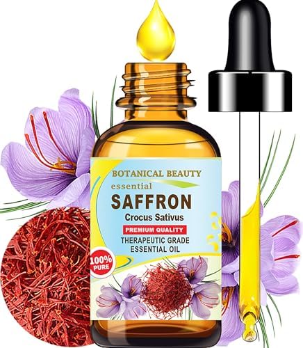 Botanical Beauty Saffron Oil (Kesar) Crocus Sativus Essential Oil 100% Natural for Face, Skin, Body, Hair, Nail Care, Dried and Damaged Skin, Aromatherapy 0.33 Fl Oz - 10 ml