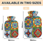 Mexican Talavera Floral Hot Water Bottle Premium Rubber Moroccan Boho Flowers Winter Hot Water Bags with Soft Velvet Cover 2 Liter