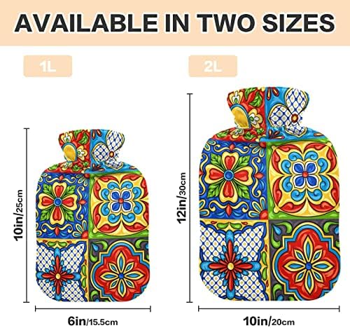 Mexican Talavera Floral Hot Water Bottle Premium Rubber Moroccan Boho Flowers Winter Hot Water Bags with Soft Velvet Cover 2 Liter