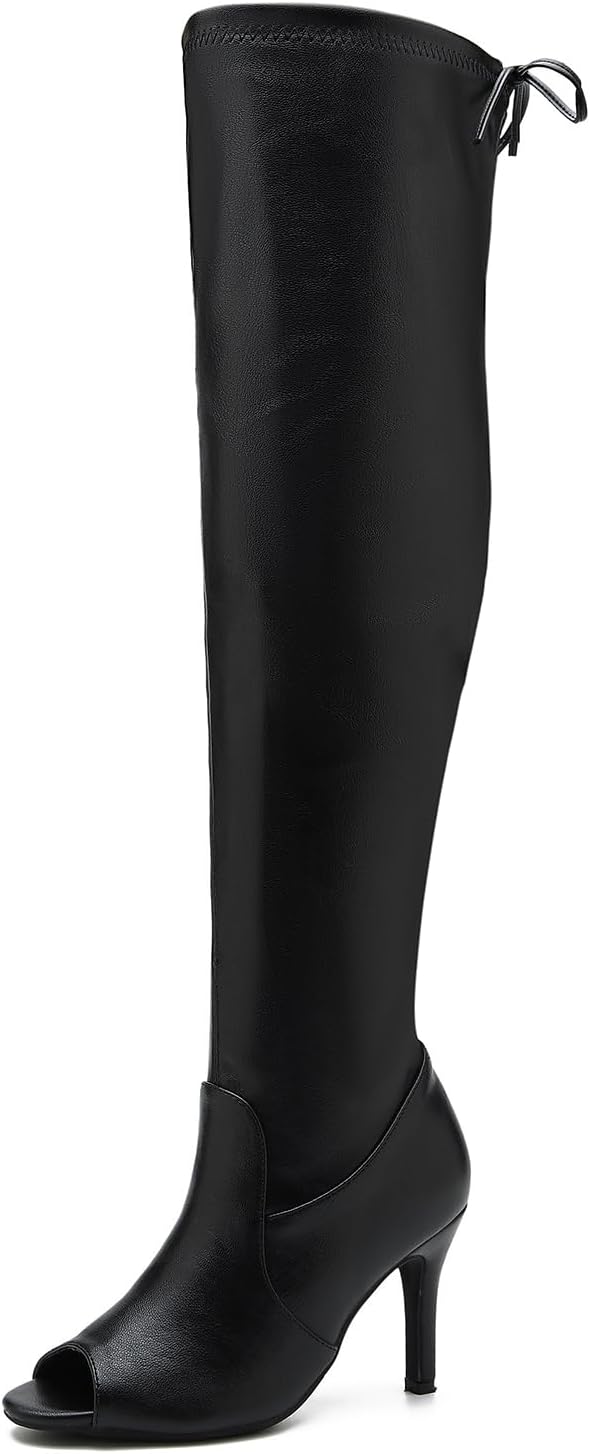 Heiyom Women's Peep Toe Thigh High Boots Over The Knee Boot Sexy Stiletto Heel Lace Up Open Toe Pull on Long Boots