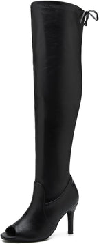 Heiyom Women's Peep Toe Thigh High Boots Over The Knee Boot Sexy Stiletto Heel Lace Up Open Toe Pull on Long Boots
