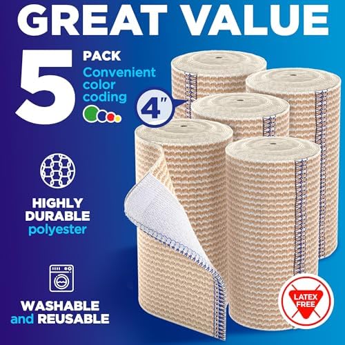 High-Performance Elastic Bandage Wrap - 4” (5pk) - Self-Closing Strong Compression Reusable Bandage Wrap for Leg, Ankles, Wrists, and Knees - for First Aid Kit and After Surgery Recovery - Latex Free