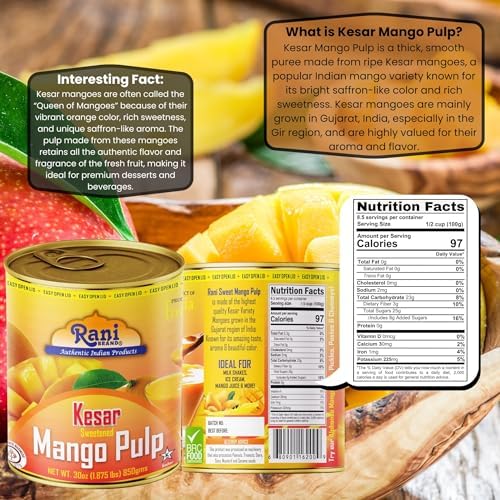 Rani Mango Pulp Puree (Makes Mango Lassi Shakes) Kesar Sweetened 30oz (1.875lbs) 850g Pack of 6 ~ Kosher | All Natural | NON-GMO | Vegan | No colors | Gluten Friendly | Indian Origin