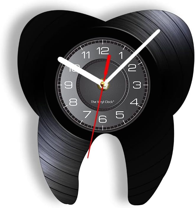 12 Inch Dental Tooth Wall Clock, Modern Decorative Analog Black Vinyl Record Wall Clock Silent Quartz Non Ticking Battery Operated for Dental Clinic Office Decor Dentist Doctors Gifts
