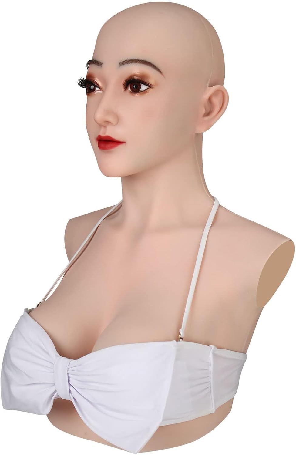 Crossdresser Mask with Breast Forms Silicone Female Head Masks Face Female Disguise Mask for Halloween Cosplay