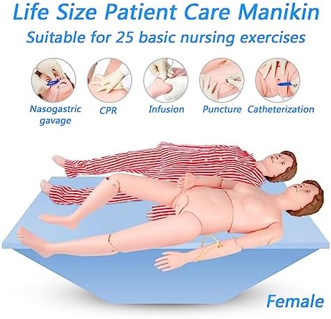 DRXRD Nursing Training Mannequin 5.3ft Life Size Geriatric Training Manikin Patient Care Skills Mannequin with Hospital Gown and Replace Module for Patient Care Skills Training Teaching Female