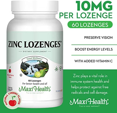 Maxi-Health Zinc Lozenges - Zinc Citrate 10mg - with Vitamin C - Cherry Flavor - 60 Chewables - Kosher